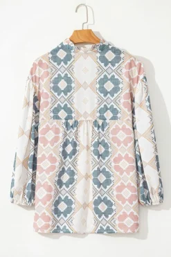 Sale Dear-Lover Geometric Print Tassel Tie Split Neck Balloon Sleeve Blouse Khaki