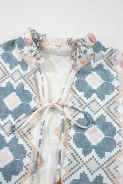 Sale Dear-Lover Geometric Print Tassel Tie Split Neck Balloon Sleeve Blouse Khaki