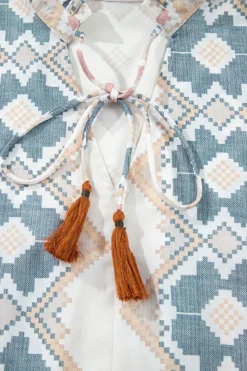 Sale Dear-Lover Geometric Print Tassel Tie Split Neck Balloon Sleeve Blouse Khaki