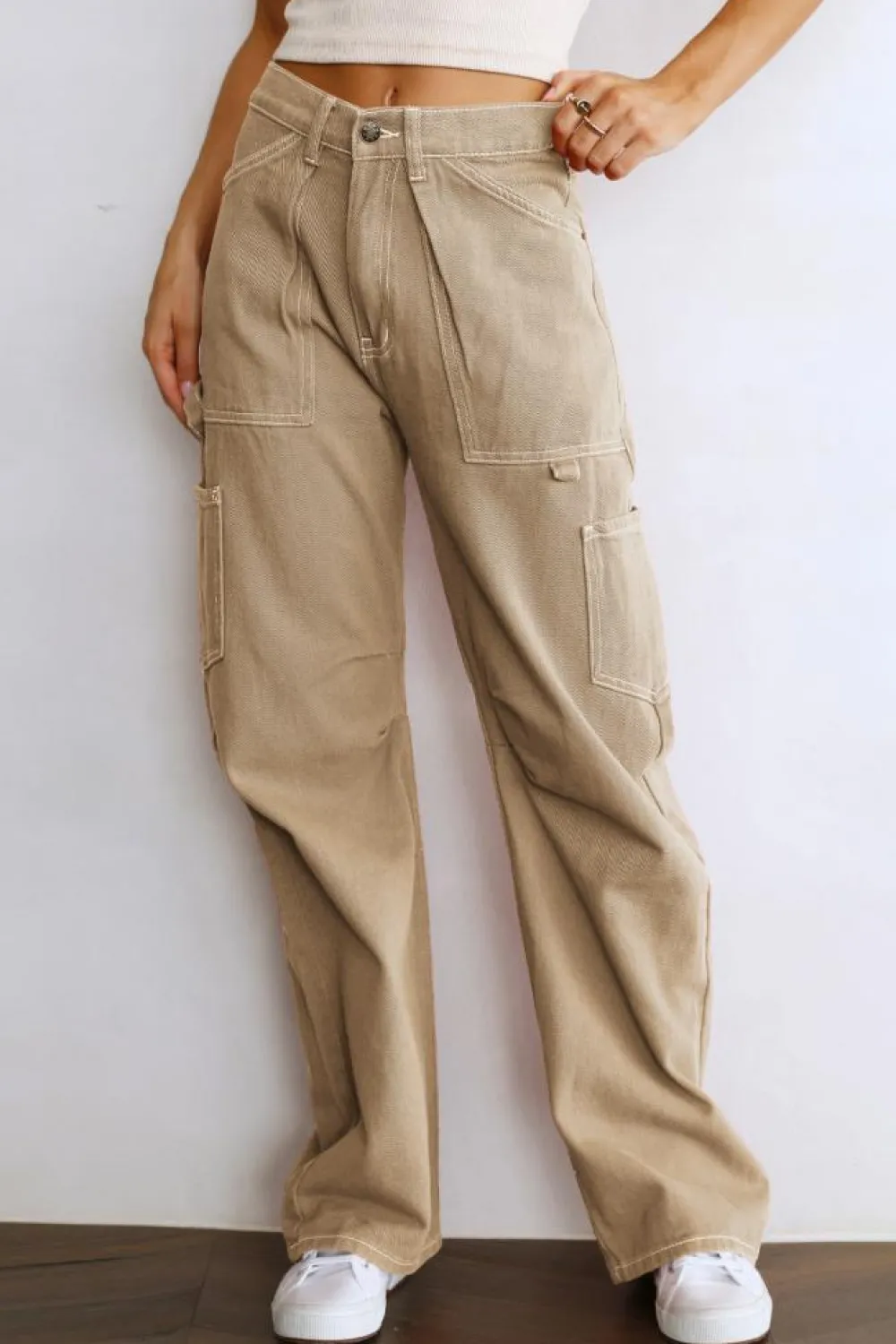Outlet Dear-Lover High Waist Straight Leg Cargo Pants with Pockets Khaki