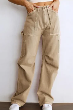 Outlet Dear-Lover High Waist Straight Leg Cargo Pants with Pockets Khaki