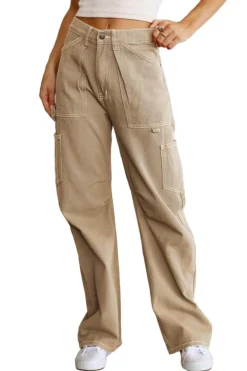 Outlet Dear-Lover High Waist Straight Leg Cargo Pants with Pockets Khaki