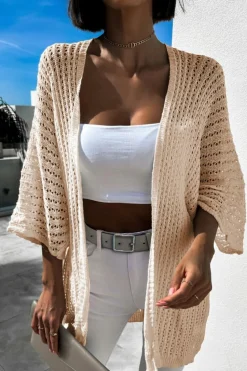 Hot Dear-Lover Hollow-out Bracelet Sleeve Knit Cardigan Khaki