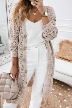 Hot Dear-Lover Hollow-out Openwork Knit Cardigan Khaki