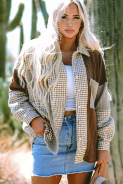 Sale Dear-Lover Houndstooth Color Contrast Textured Patchwork Loose Shacket Khaki