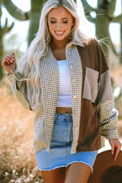 Sale Dear-Lover Houndstooth Color Contrast Textured Patchwork Loose Shacket Khaki