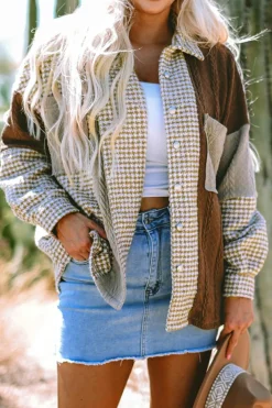 Sale Dear-Lover Houndstooth Color Contrast Textured Patchwork Loose Shacket Khaki