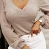 Sale Dear-Lover Knitted Jacquard V Neck Lantern Sleeve Top Khaki