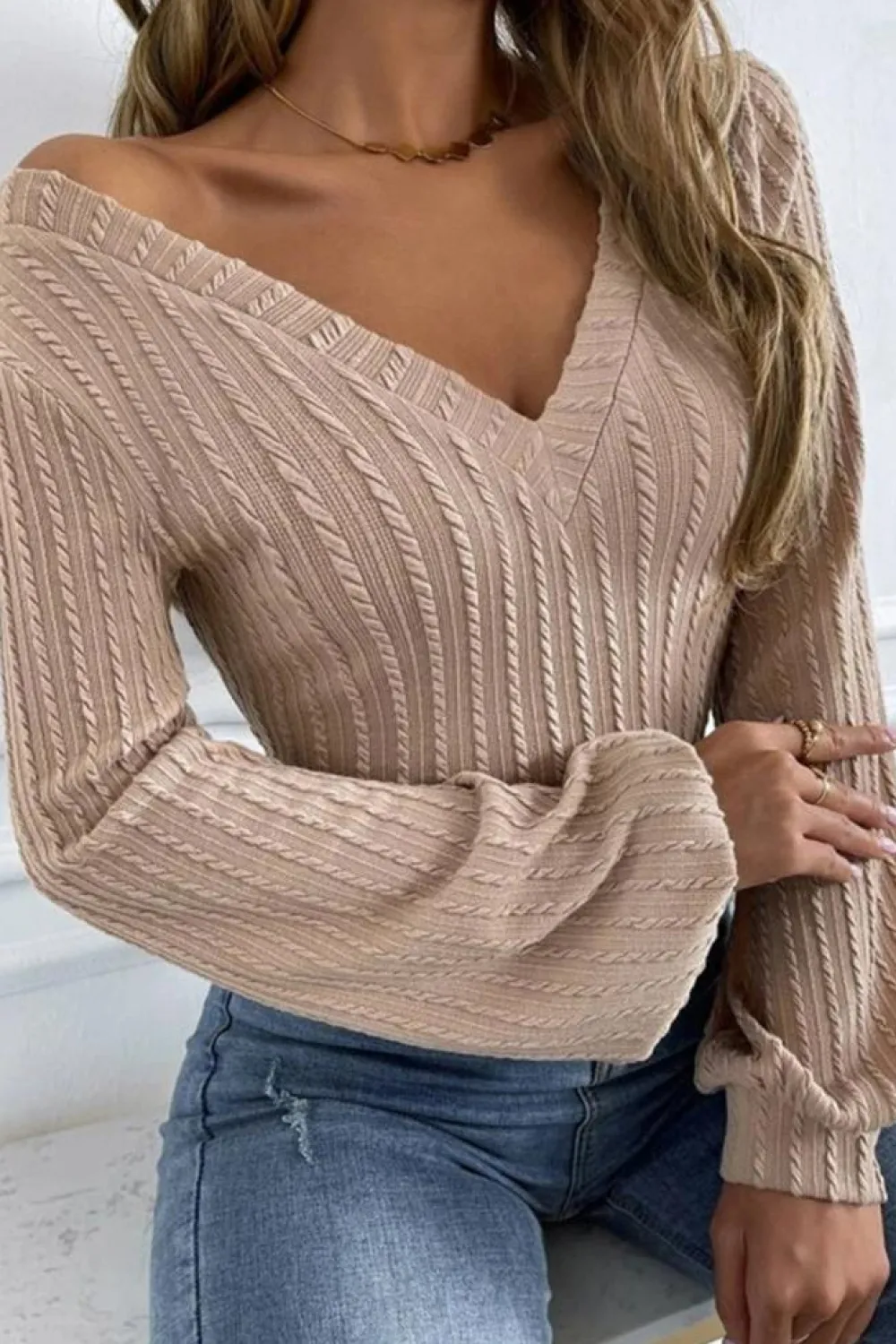 Sale Dear-Lover Knitted Jacquard V Neck Lantern Sleeve Top Khaki