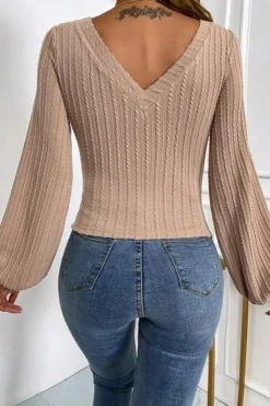Sale Dear-Lover Knitted Jacquard V Neck Lantern Sleeve Top Khaki