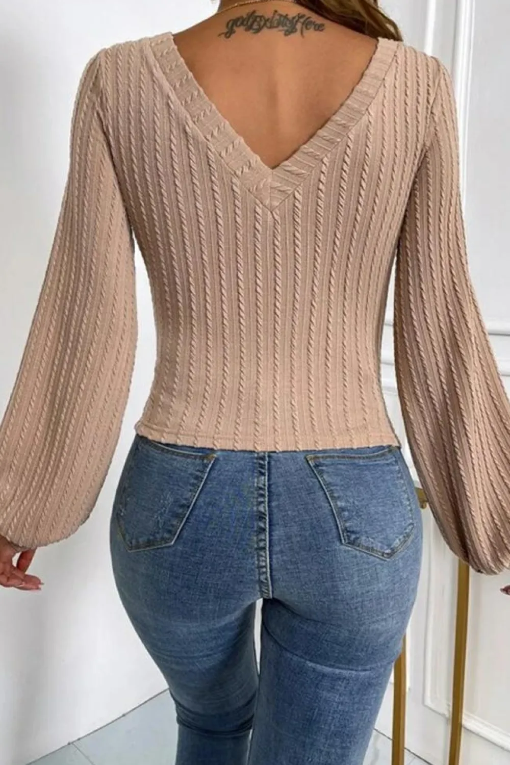 Sale Dear-Lover Knitted Jacquard V Neck Lantern Sleeve Top Khaki