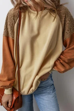 Discount Dear-Lover Lace Patchwork Colorblock Drop Shoulder Sweatshirt Khaki