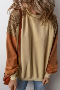 Discount Dear-Lover Lace Patchwork Colorblock Drop Shoulder Sweatshirt Khaki