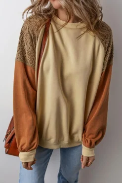 Discount Dear-Lover Lace Patchwork Colorblock Drop Shoulder Sweatshirt Khaki