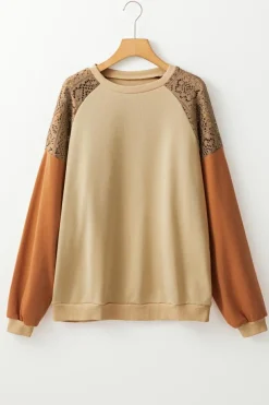 Discount Dear-Lover Lace Patchwork Colorblock Drop Shoulder Sweatshirt Khaki