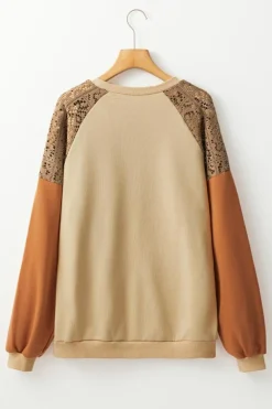 Discount Dear-Lover Lace Patchwork Colorblock Drop Shoulder Sweatshirt Khaki
