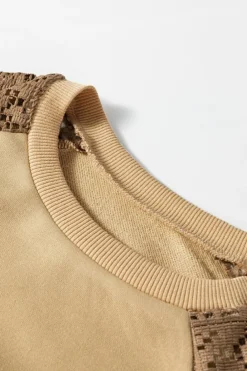 Discount Dear-Lover Lace Patchwork Colorblock Drop Shoulder Sweatshirt Khaki