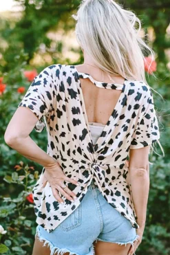 Clearance Dear-Lover Leopard Batwing Sleeve Twist Cutout Back T-Shirt Khaki