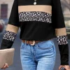 Online Dear-Lover Leopard Colorblock Patchwork Crew Neck Long Sleeve Tee Khaki