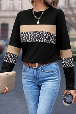 Online Dear-Lover Leopard Colorblock Patchwork Crew Neck Long Sleeve Tee Khaki