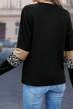 Online Dear-Lover Leopard Colorblock Patchwork Crew Neck Long Sleeve Tee Khaki