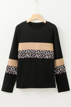 Online Dear-Lover Leopard Colorblock Patchwork Crew Neck Long Sleeve Tee Khaki
