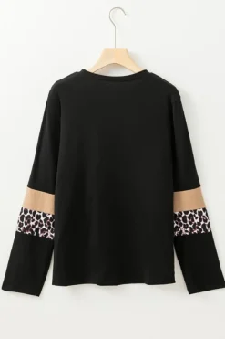Online Dear-Lover Leopard Colorblock Patchwork Crew Neck Long Sleeve Tee Khaki