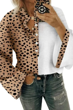 Outlet Dear-Lover Leopard Contrast Half Button Casual Blouse Khaki