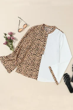 Outlet Dear-Lover Leopard Contrast Half Button Casual Blouse Khaki