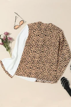 Outlet Dear-Lover Leopard Contrast Half Button Casual Blouse Khaki