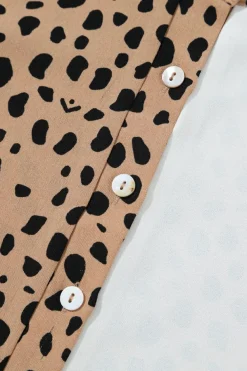 Outlet Dear-Lover Leopard Contrast Half Button Casual Blouse Khaki