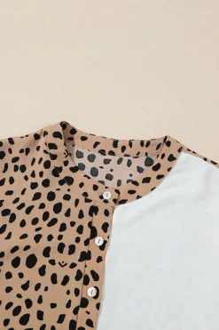 Outlet Dear-Lover Leopard Contrast Half Button Casual Blouse Khaki