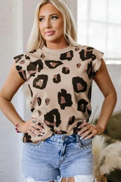 Fashion Dear-Lover Leopard Crew Neck Cap Sleeve Casual Tee Khaki