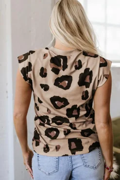 Fashion Dear-Lover Leopard Crew Neck Cap Sleeve Casual Tee Khaki