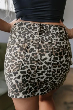 Online Dear-Lover Leopard Denim Mini Skirt Khaki
