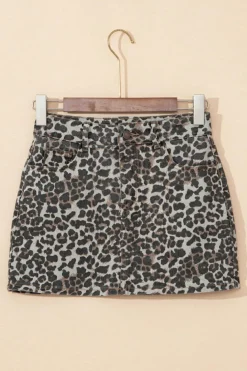 Online Dear-Lover Leopard Denim Mini Skirt Khaki