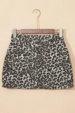 Online Dear-Lover Leopard Denim Mini Skirt Khaki