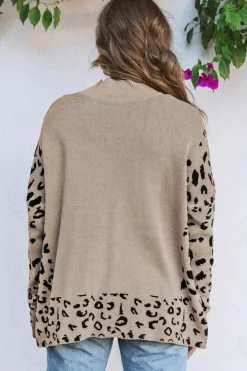 New Dear-Lover Leopard High Neck Side Slit Oversized Sweater Khaki