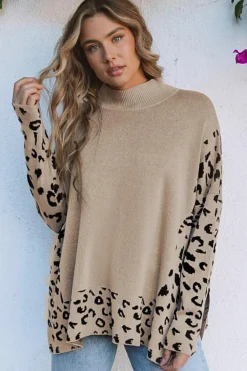 New Dear-Lover Leopard High Neck Side Slit Oversized Sweater Khaki