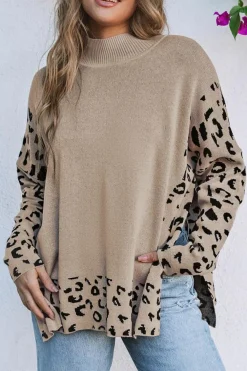 New Dear-Lover Leopard High Neck Side Slit Oversized Sweater Khaki
