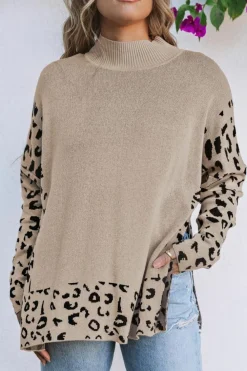 New Dear-Lover Leopard High Neck Side Slit Oversized Sweater Khaki