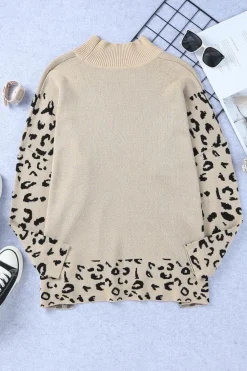 New Dear-Lover Leopard High Neck Side Slit Oversized Sweater Khaki
