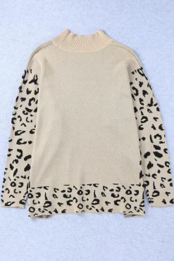 New Dear-Lover Leopard High Neck Side Slit Oversized Sweater Khaki