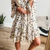 Sale Dear-Lover Leopard Print Buttoned Front 3/4 Sleeve Tiered Ruffled Hem Dress Khaki