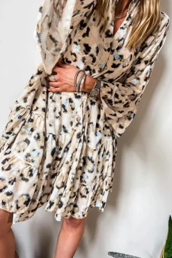 Sale Dear-Lover Leopard Print Buttoned Front 3/4 Sleeve Tiered Ruffled Hem Dress Khaki