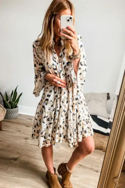 Sale Dear-Lover Leopard Print Buttoned Front 3/4 Sleeve Tiered Ruffled Hem Dress Khaki