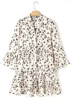 Sale Dear-Lover Leopard Print Buttoned Front 3/4 Sleeve Tiered Ruffled Hem Dress Khaki
