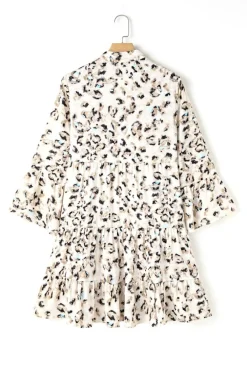 Sale Dear-Lover Leopard Print Buttoned Front 3/4 Sleeve Tiered Ruffled Hem Dress Khaki