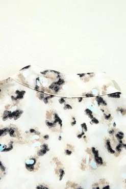 Sale Dear-Lover Leopard Print Buttoned Front 3/4 Sleeve Tiered Ruffled Hem Dress Khaki