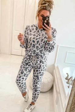 Best Dear-Lover Leopard Print Drawstring Hoodie and Skinny Pants Lounge Set Khaki